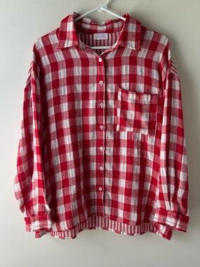 Pink Lily 100% Cotton Button Front Blouse Top Gingham Check Red White M